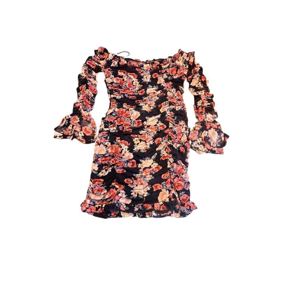 Lulus large Ruche Hour Navy Blue Floral Print Ruched Off-the-Shoulder Dress - Picture 3 of 8
